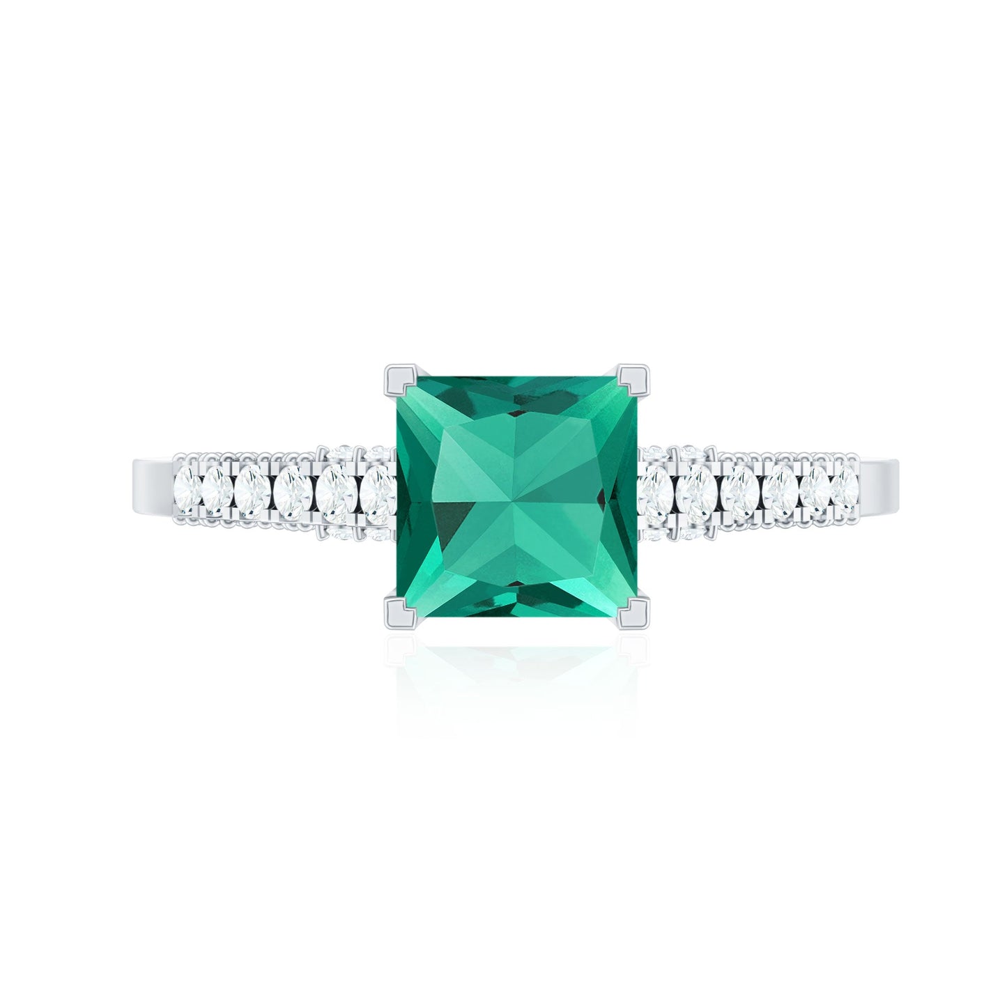 Princess Cut Lab Created Emerald Solitaire Ring with Diamond Side Stones