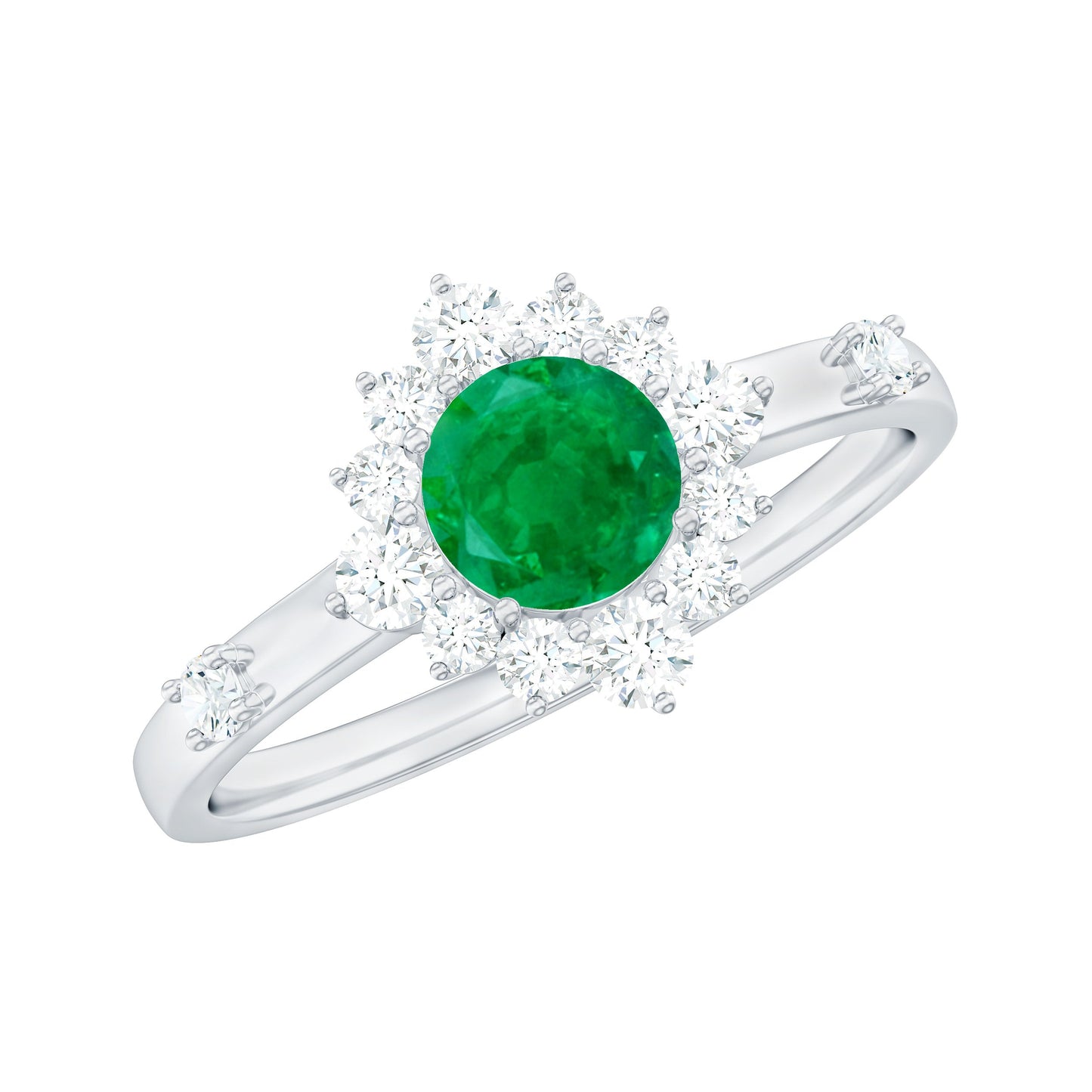 0.4 Carat Round Shape Emerald Promise Ring with Diamond Halo