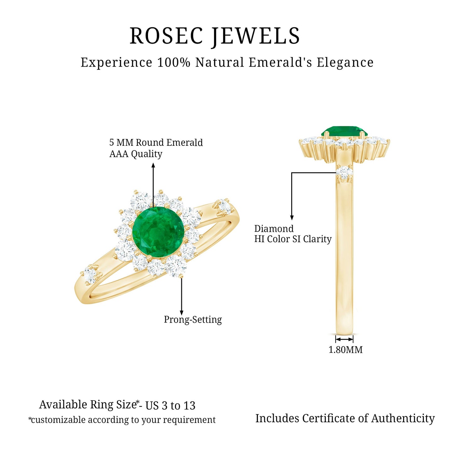 0.4 Carat Round Shape Emerald Promise Ring with Diamond Halo