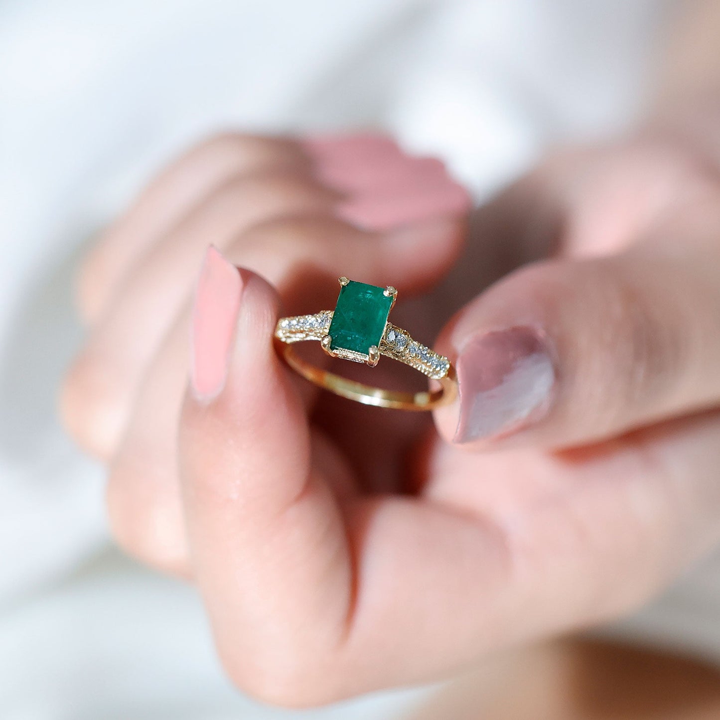 Vintage Inspired 1 Carat Emerald Cut Emerald Engagement Ring with Diamonds