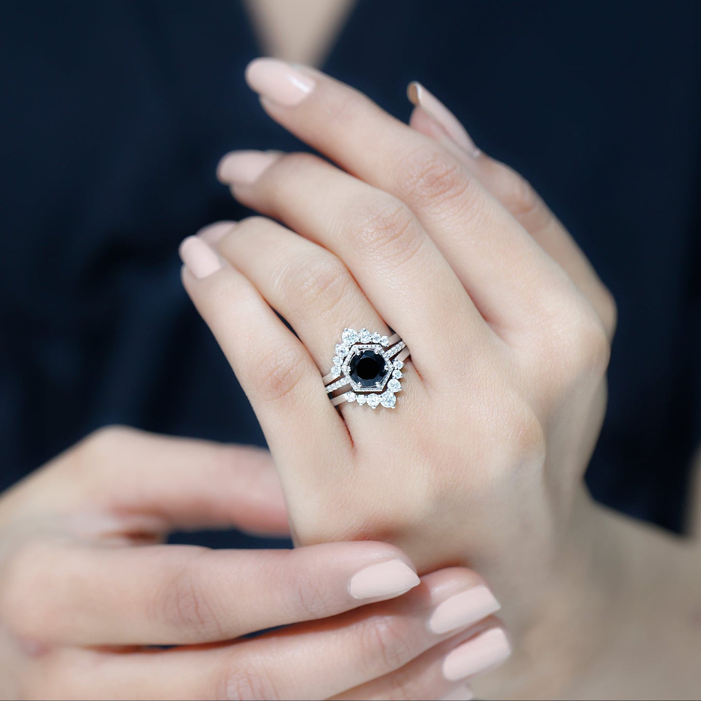 2.6 Carat Vintage Style Black Spinel 3 Piece Ring Set with Moissanite