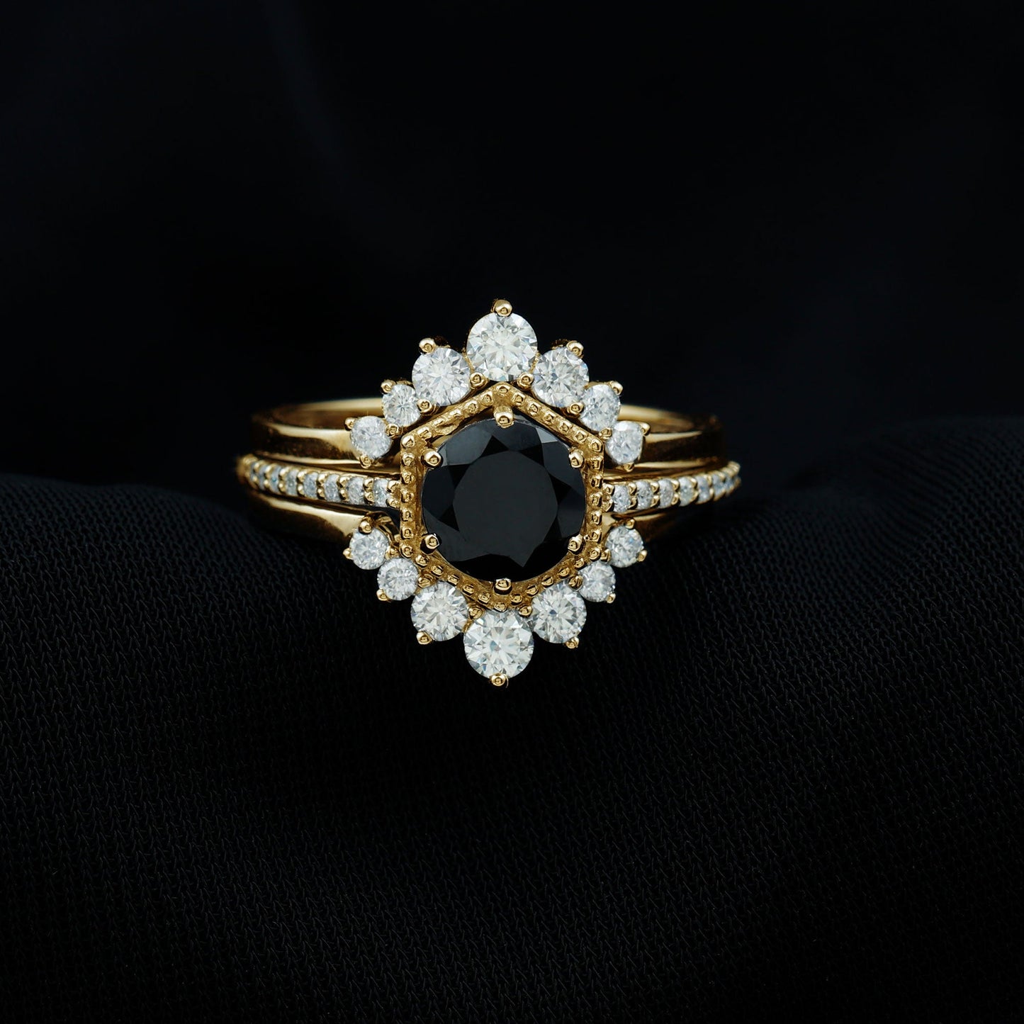 2.6 Carat Vintage Style Black Spinel 3 Piece Ring Set with Moissanite