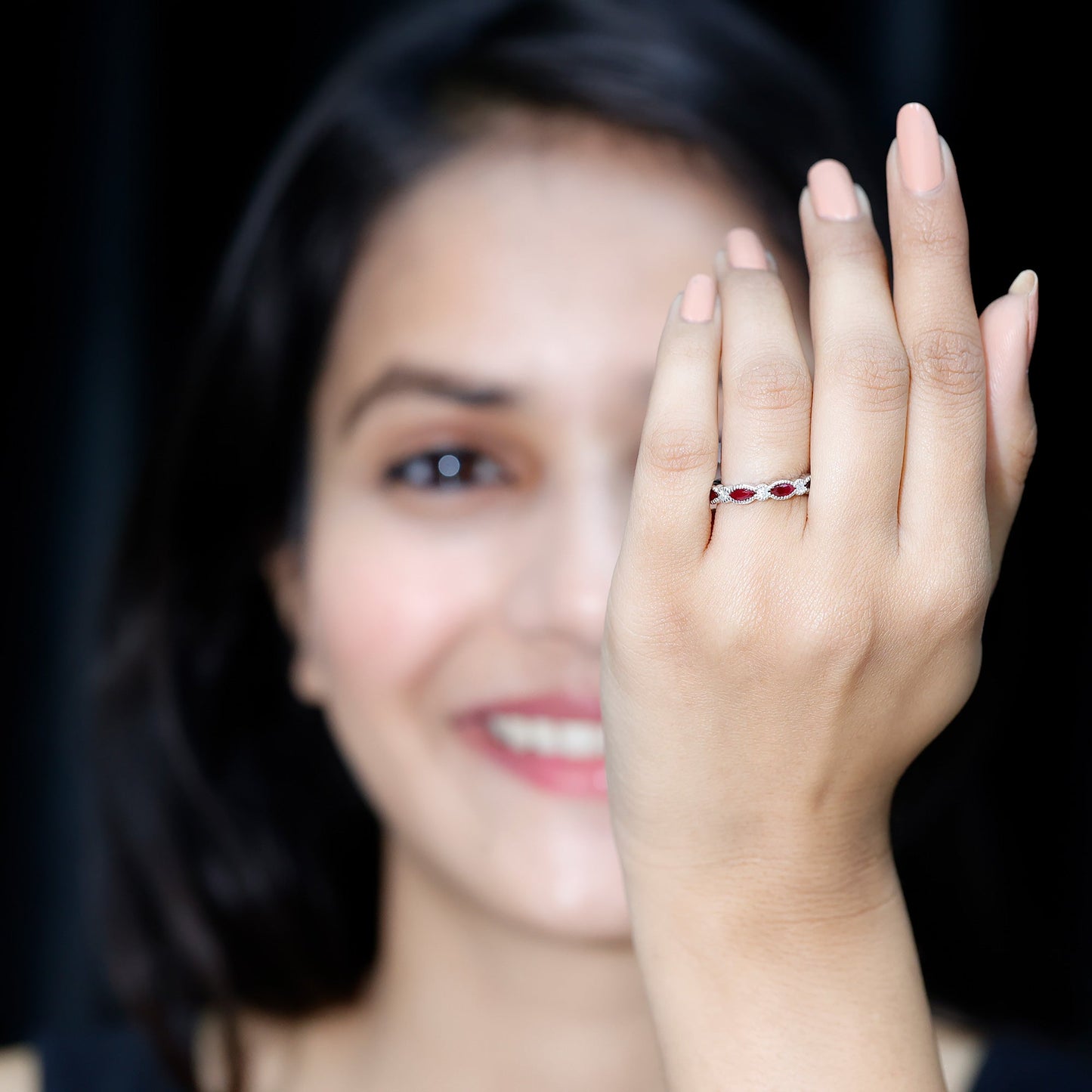 Certified Marquise Ruby Half Eternity Ring with Lab Diamond