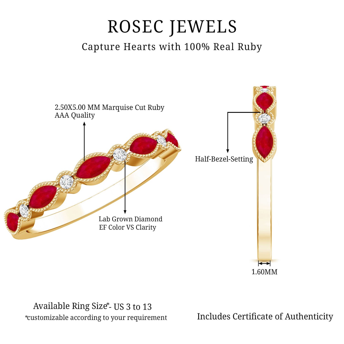 Certified Marquise Ruby Half Eternity Ring with Lab Diamond