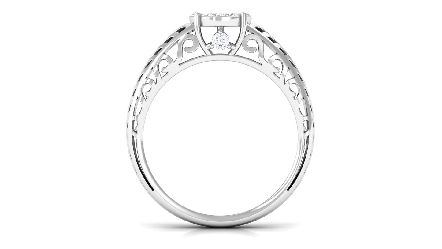 Round Cut Real Diamond Engagement Ring with Filigree Shank