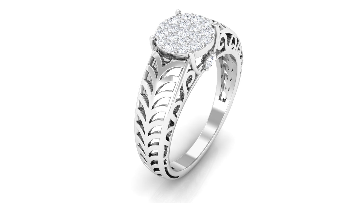 Round Cut Real Diamond Engagement Ring with Filigree Shank