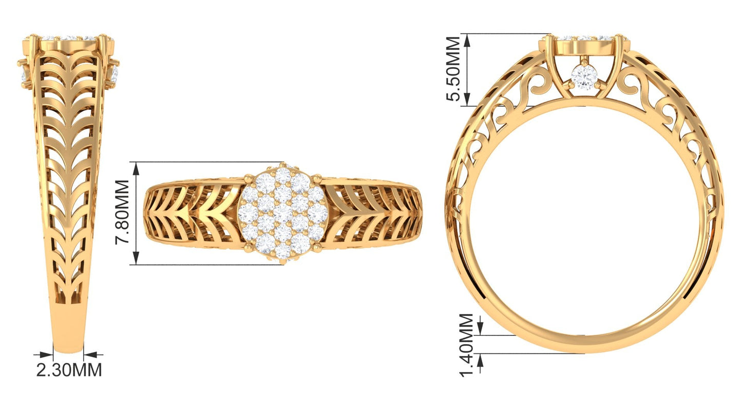Round Cut Real Diamond Engagement Ring with Filigree Shank