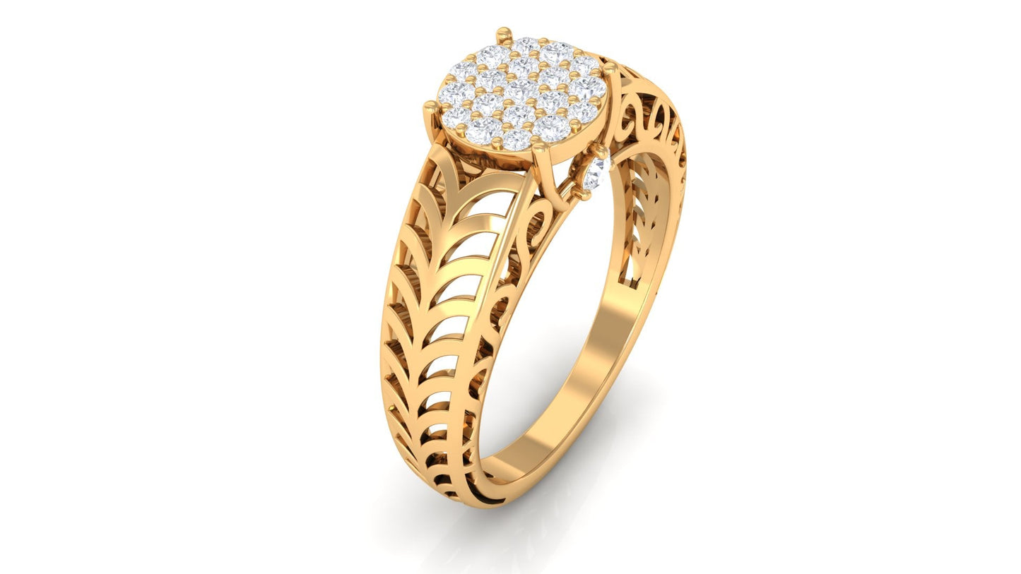 Round Cut Real Diamond Engagement Ring with Filigree Shank