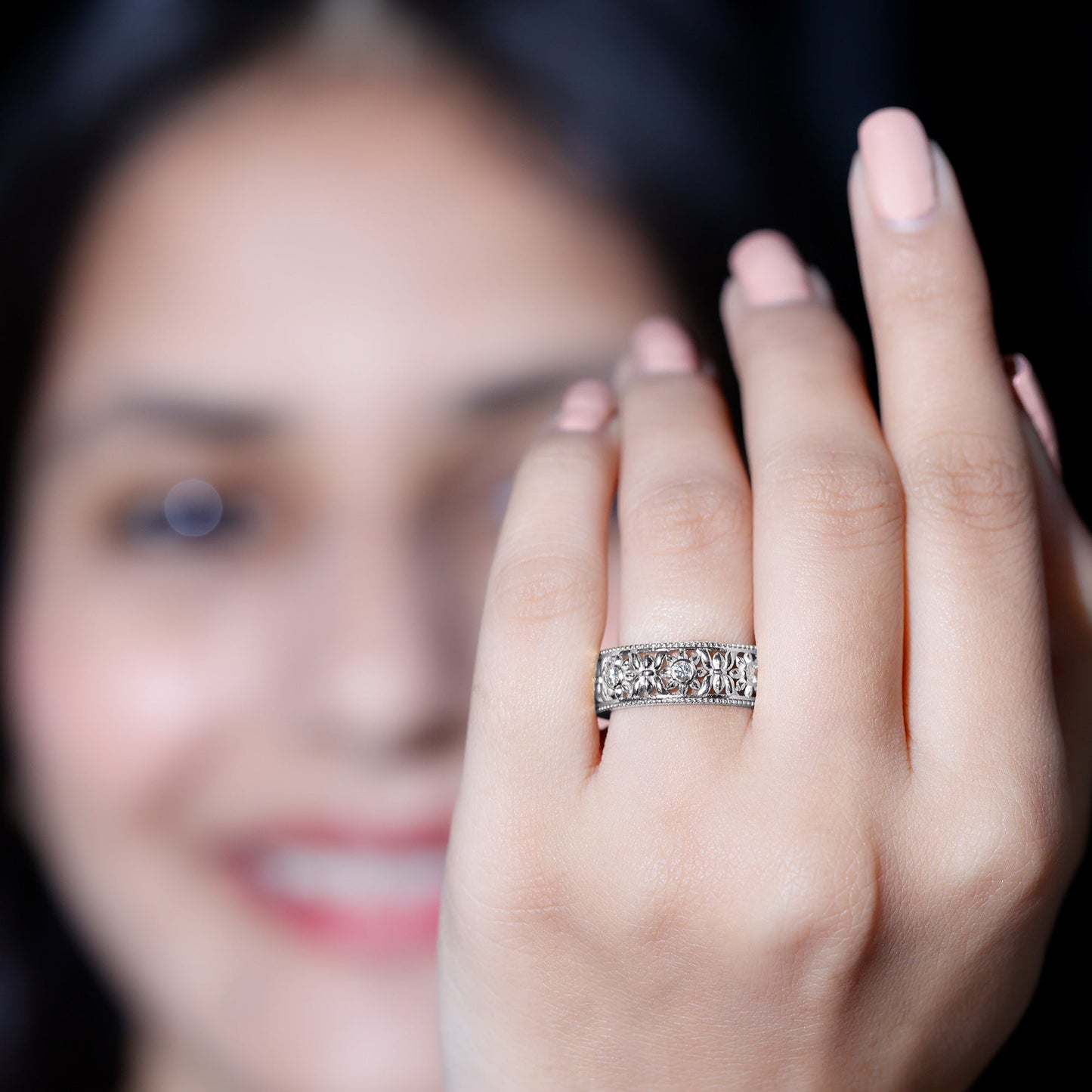 Bezel Set Diamond Flower Filigree Wedding Band