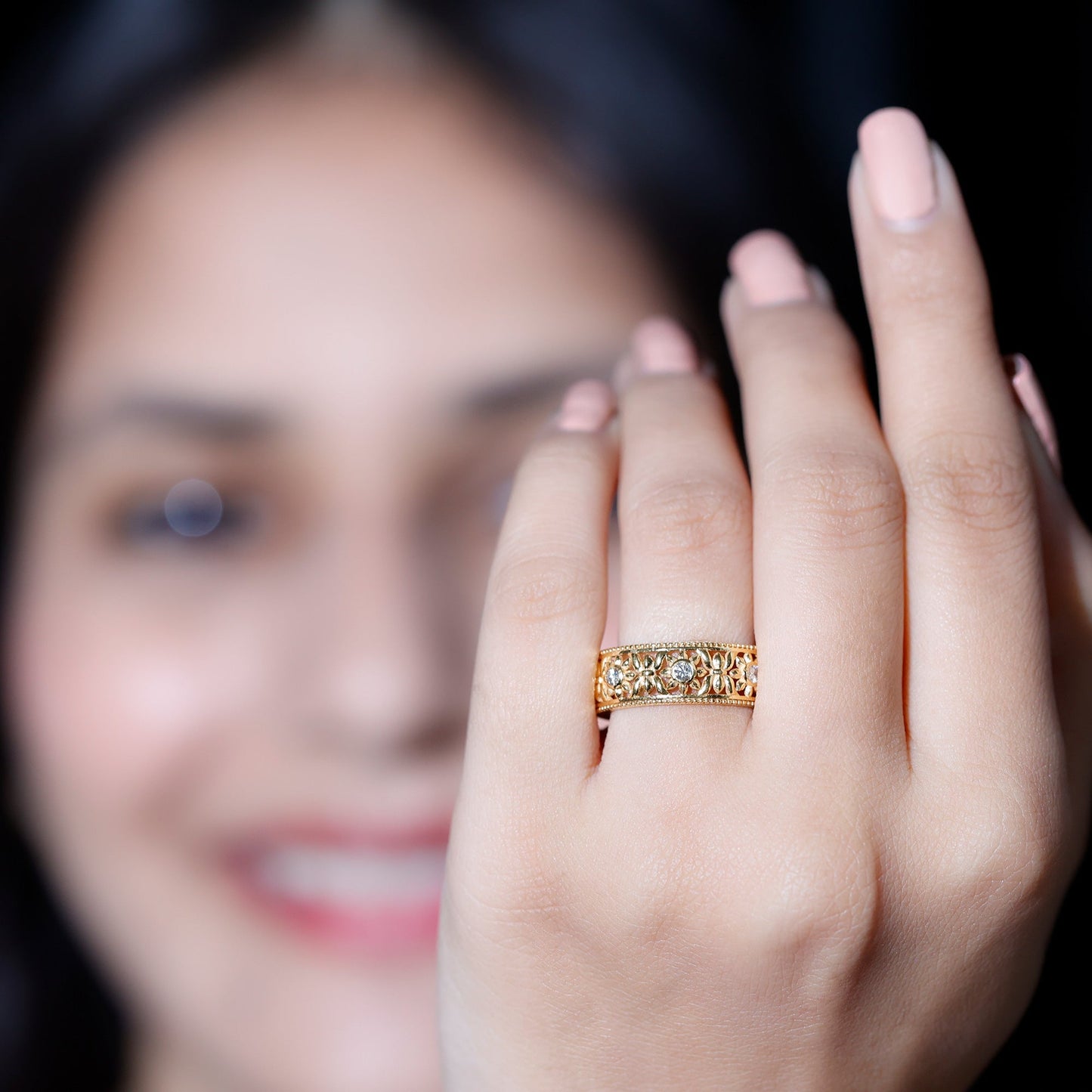 Bezel Set Diamond Flower Filigree Wedding Band
