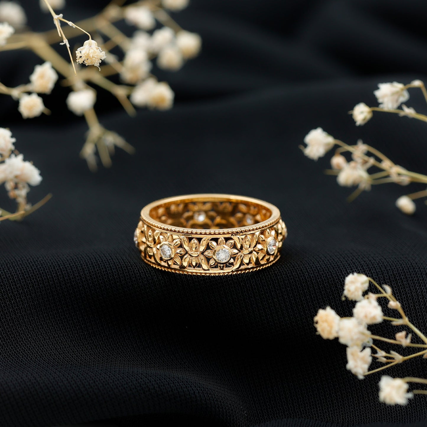 Bezel Set Diamond Flower Filigree Wedding Band