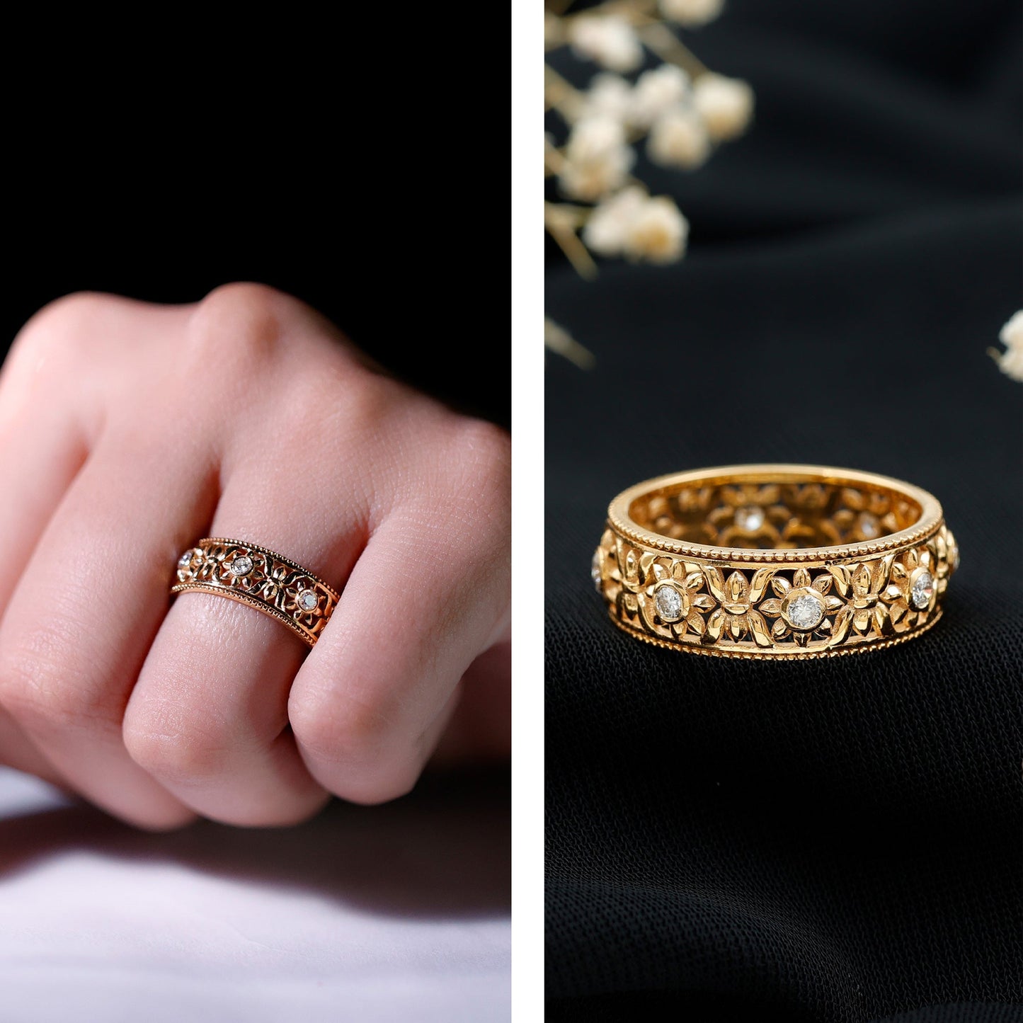 Bezel Set Diamond Flower Filigree Wedding Band
