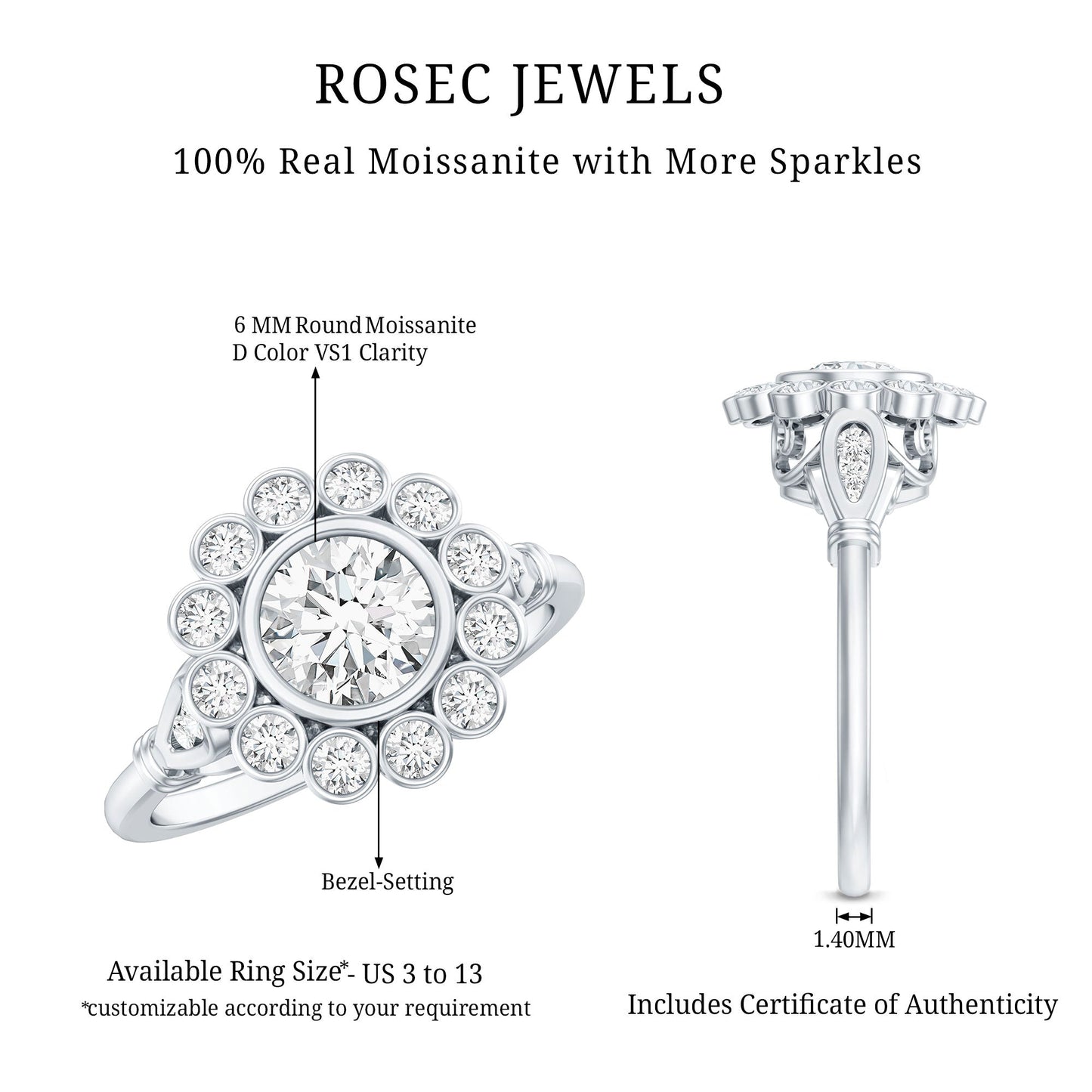 Certified Moissanite Bezel Set Engagement Ring