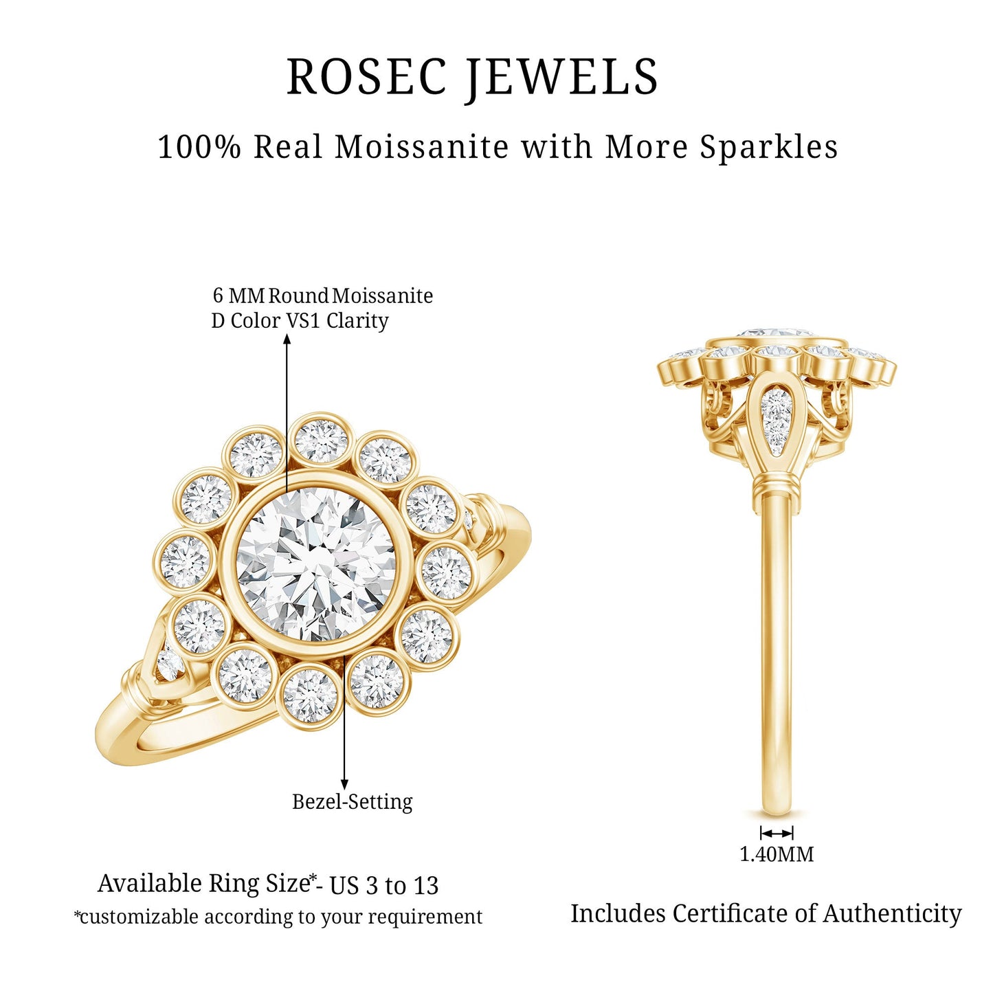 Certified Moissanite Bezel Set Engagement Ring