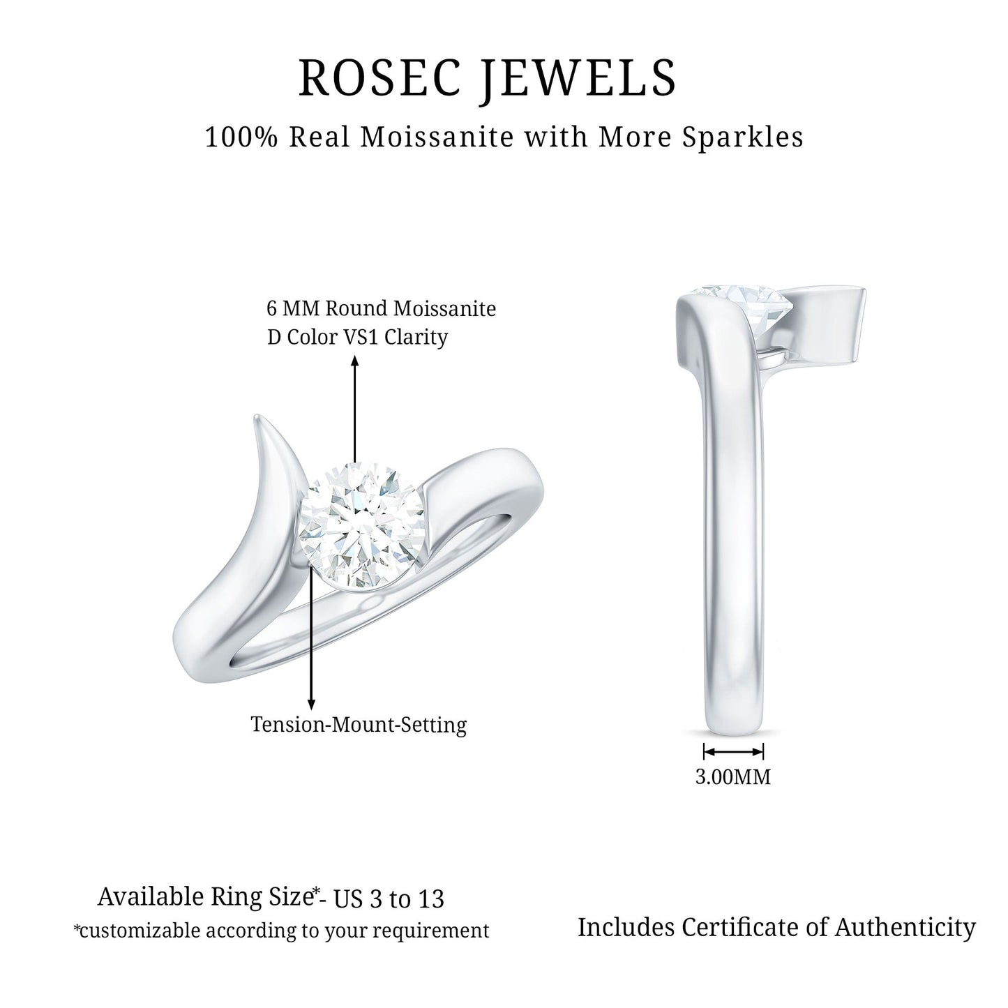 Brilliant Cut Moissanite Engagement Ring in Tension Setting