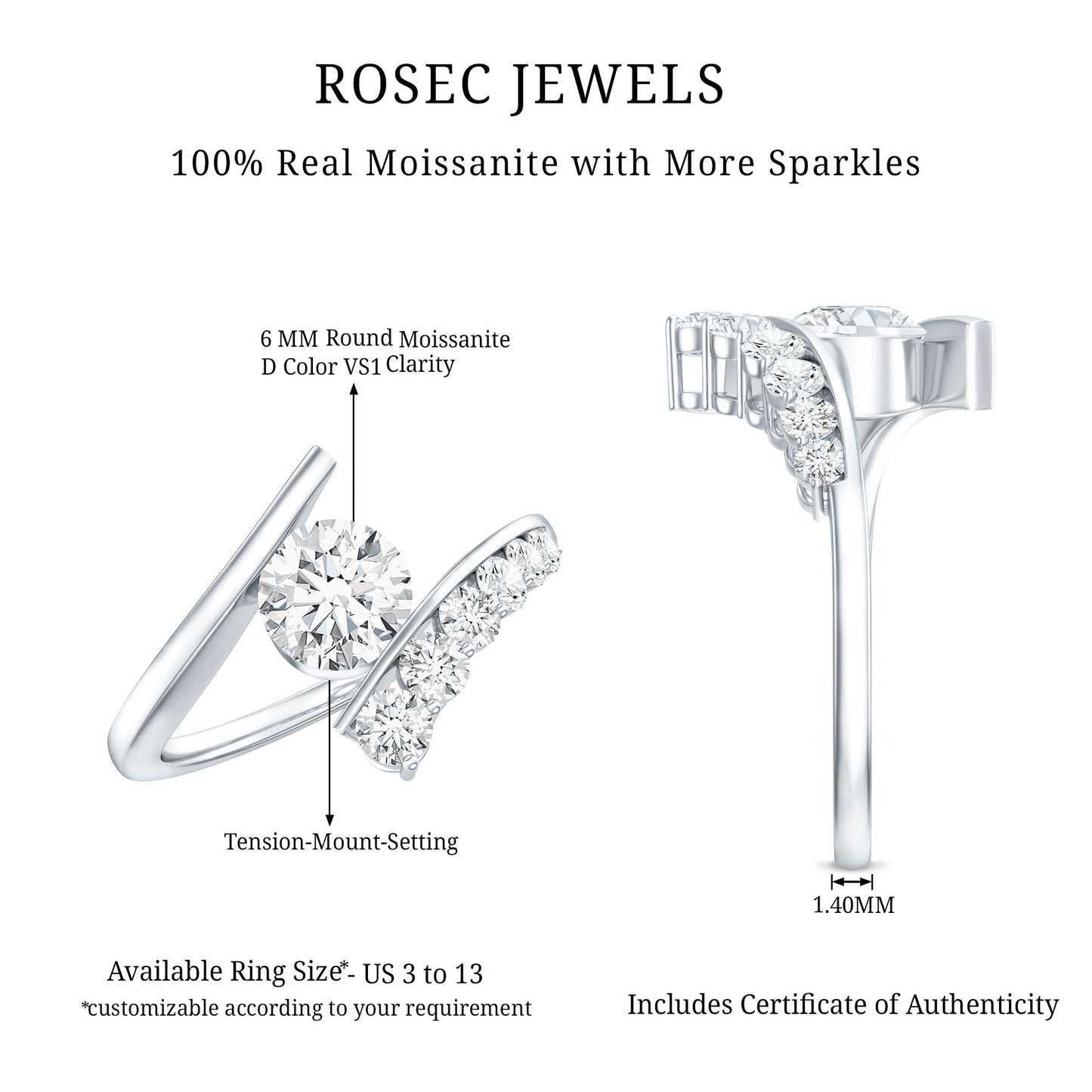 0.9 Carat Certified Round Moissanite Bypass Engagement Ring