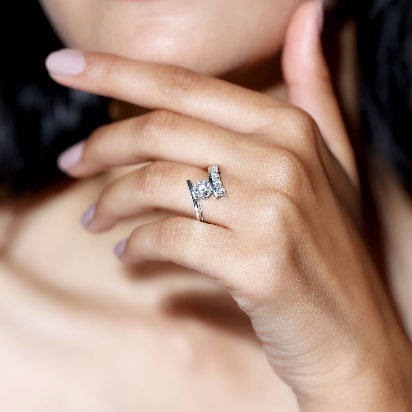 0.9 Carat Certified Round Moissanite Bypass Engagement Ring