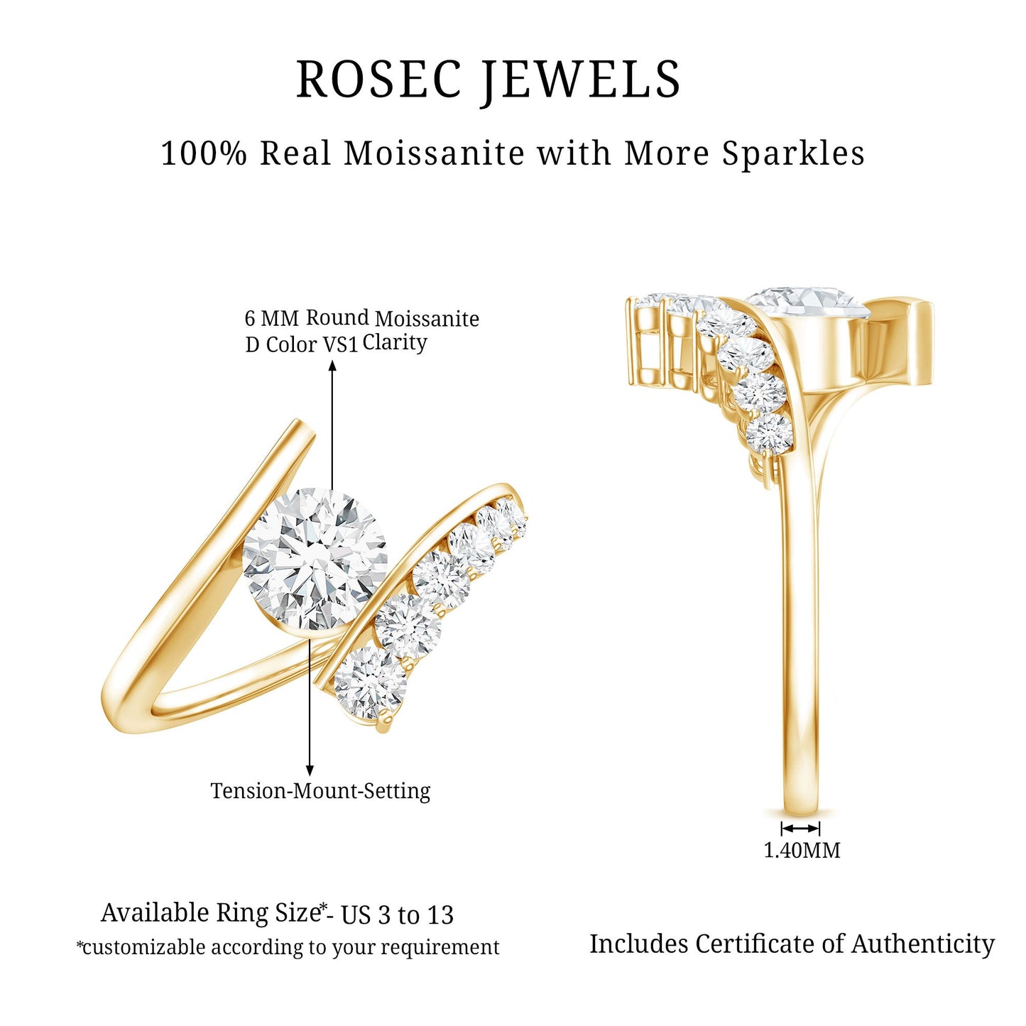 0.9 Carat Certified Round Moissanite Bypass Engagement Ring