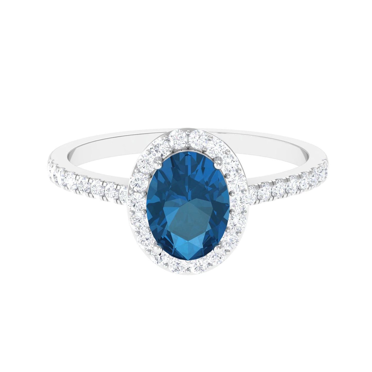 1 Carat Oval Cut London Blue Topaz Engagement Ring with Diamond Halo