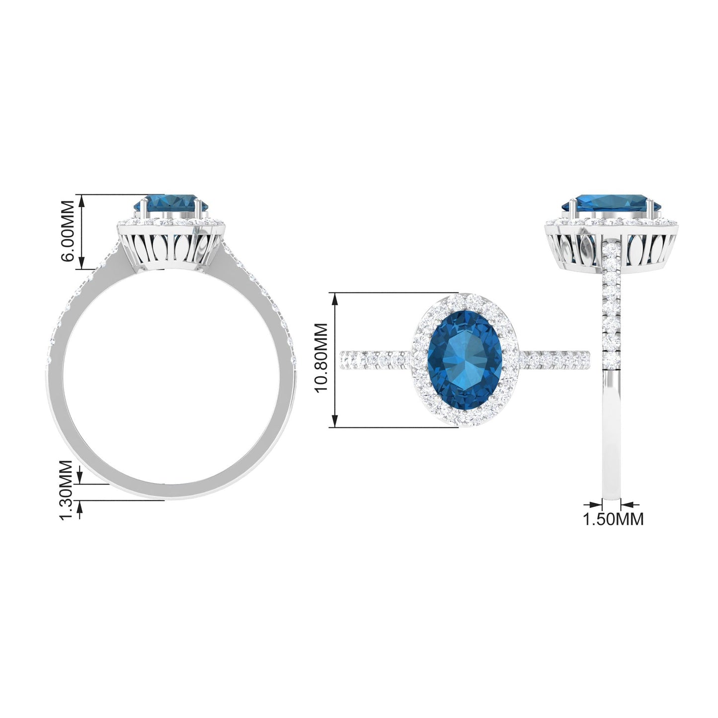 1 Carat Oval Cut London Blue Topaz Engagement Ring with Diamond Halo