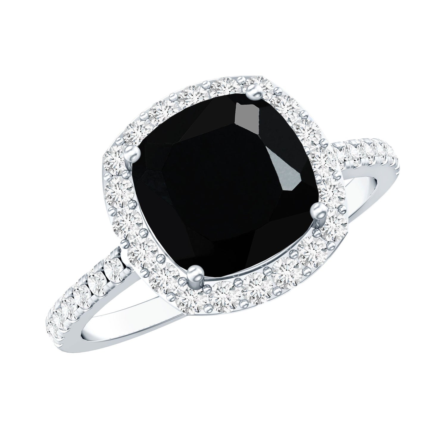 2.8 Carat Lab Grown Black Diamond Cushion Cut Engagement Ring with White Diamond Halo