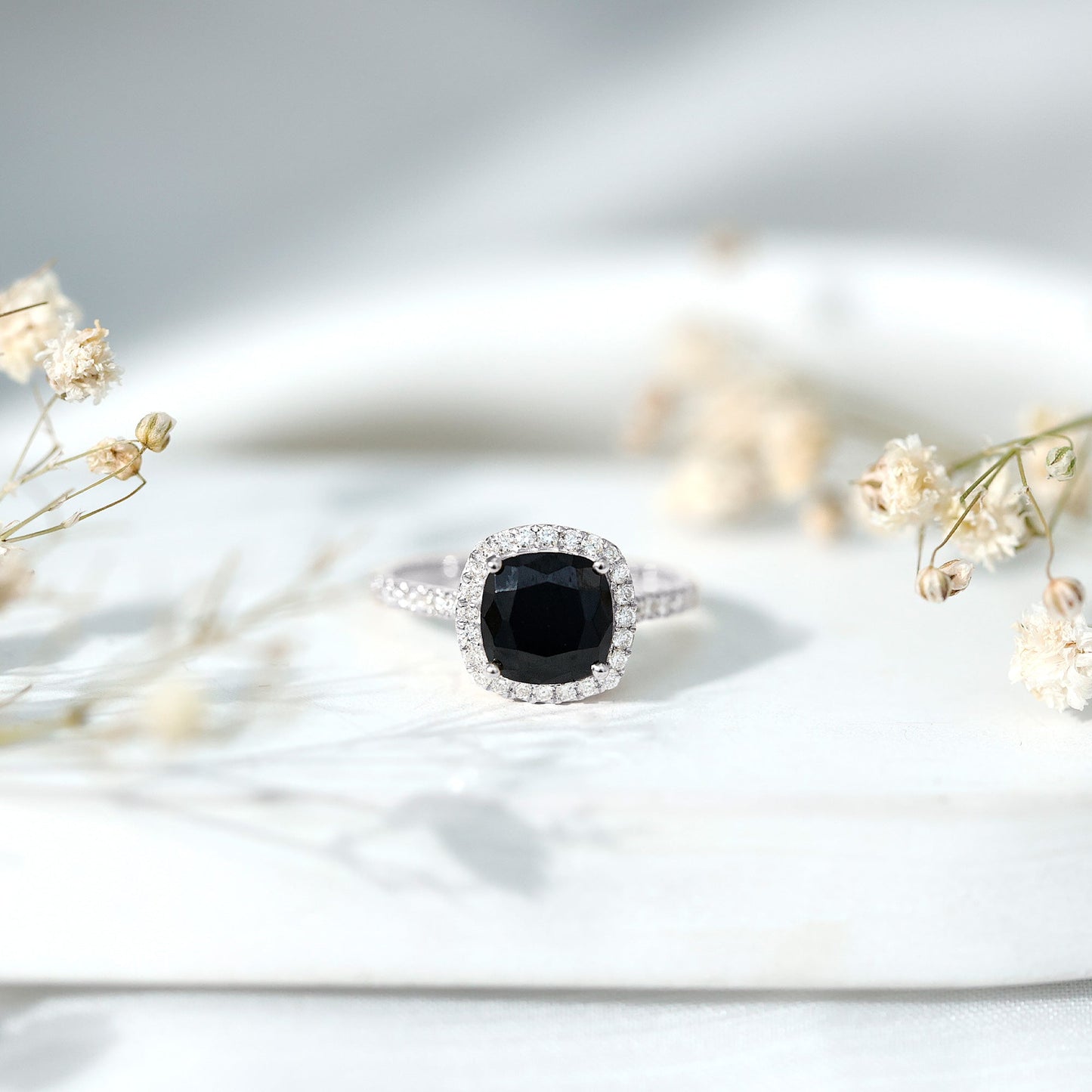 2.8 Carat Lab Grown Black Diamond Cushion Cut Engagement Ring with White Diamond Halo