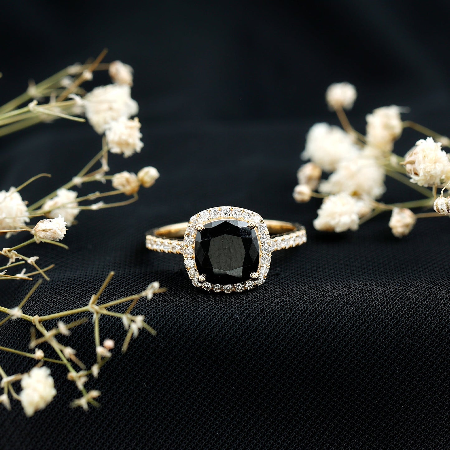 2.8 Carat Lab Grown Black Diamond Cushion Cut Engagement Ring with White Diamond Halo
