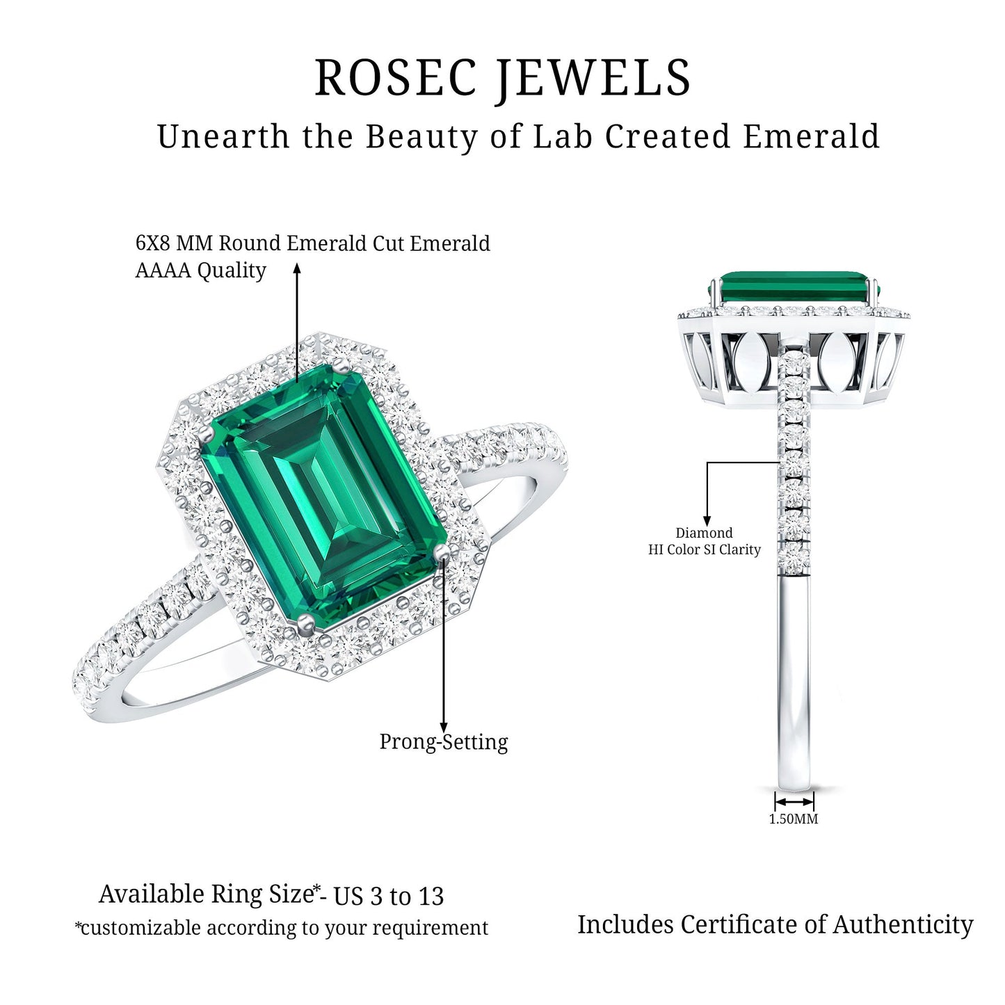 Lab Grown Emerald Halo Engagement Ring With Real Diamond