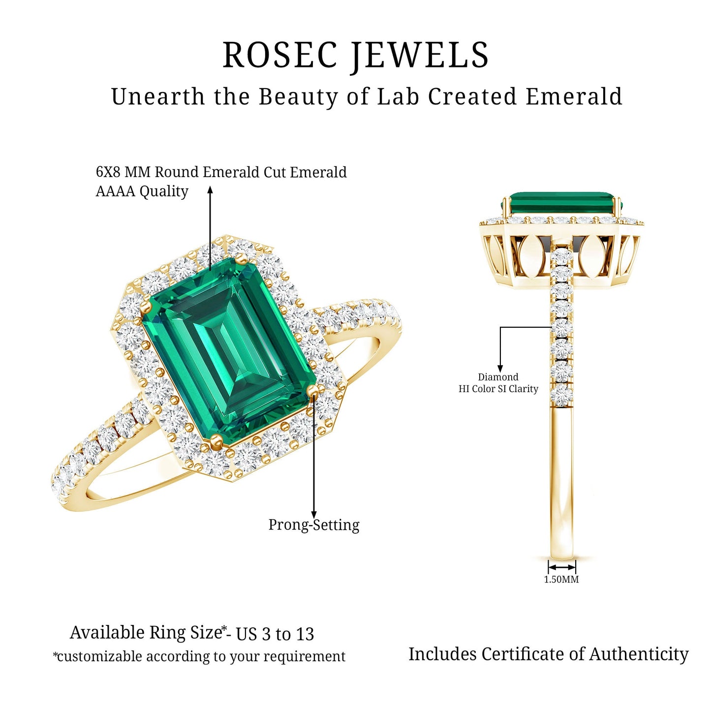 Lab Grown Emerald Halo Engagement Ring With Real Diamond