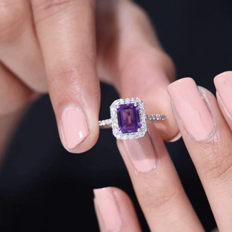 1.4 Carat Amethyst Emerald Cut Engagement Ring with Diamond Halo