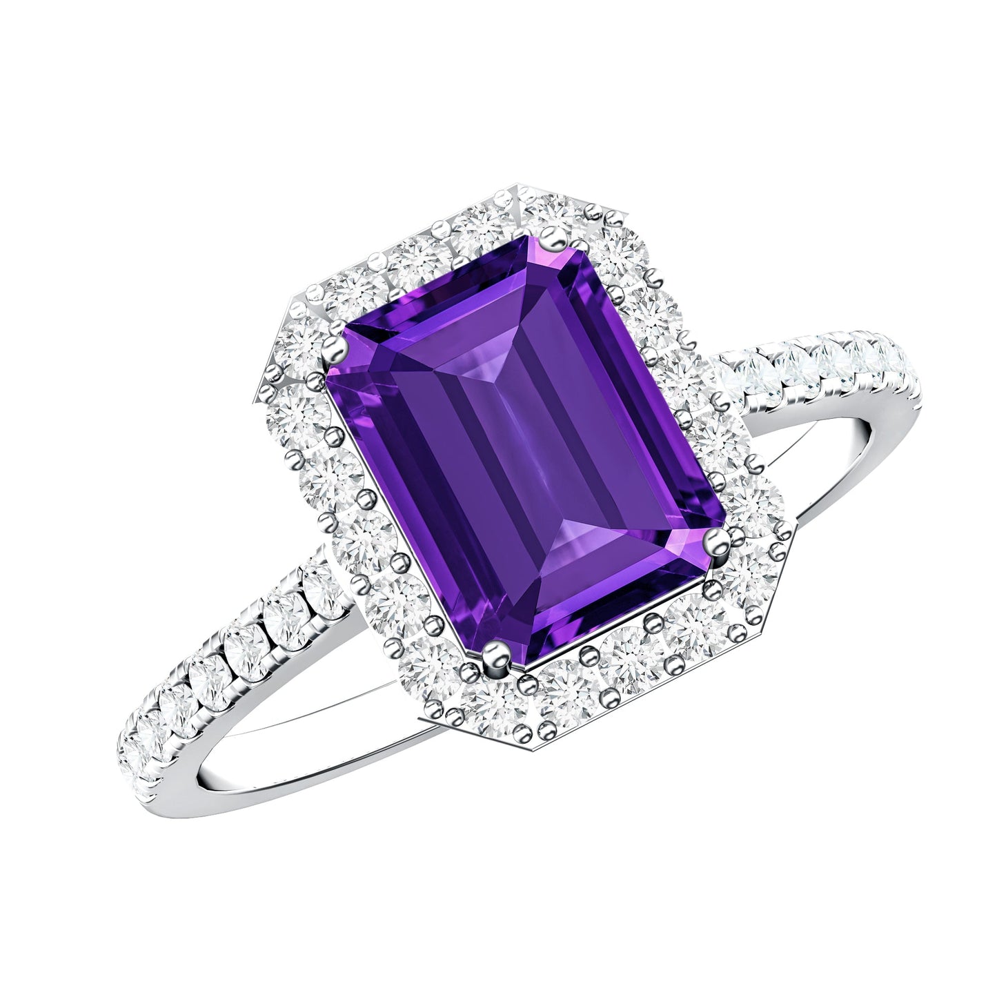 1.4 Carat Amethyst Emerald Cut Engagement Ring with Diamond Halo