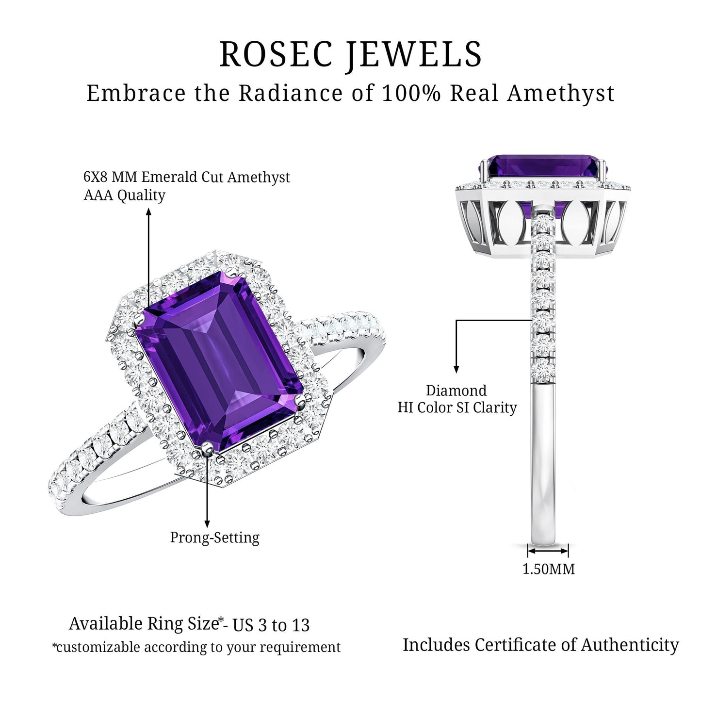 1.4 Carat Amethyst Emerald Cut Engagement Ring with Diamond Halo
