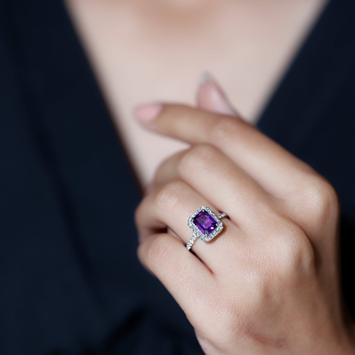 1.4 Carat Amethyst Emerald Cut Engagement Ring with Diamond Halo