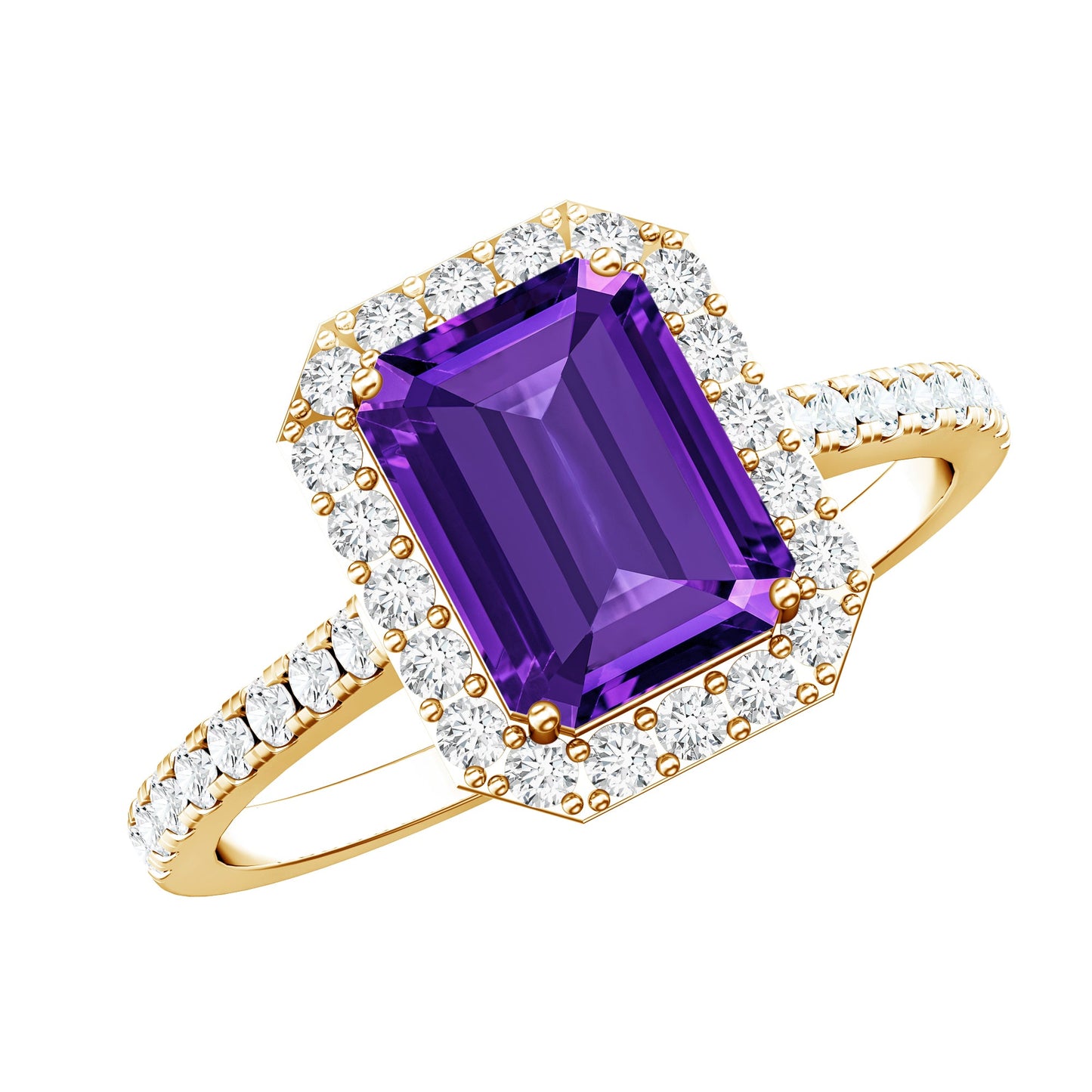 1.4 Carat Amethyst Emerald Cut Engagement Ring with Diamond Halo