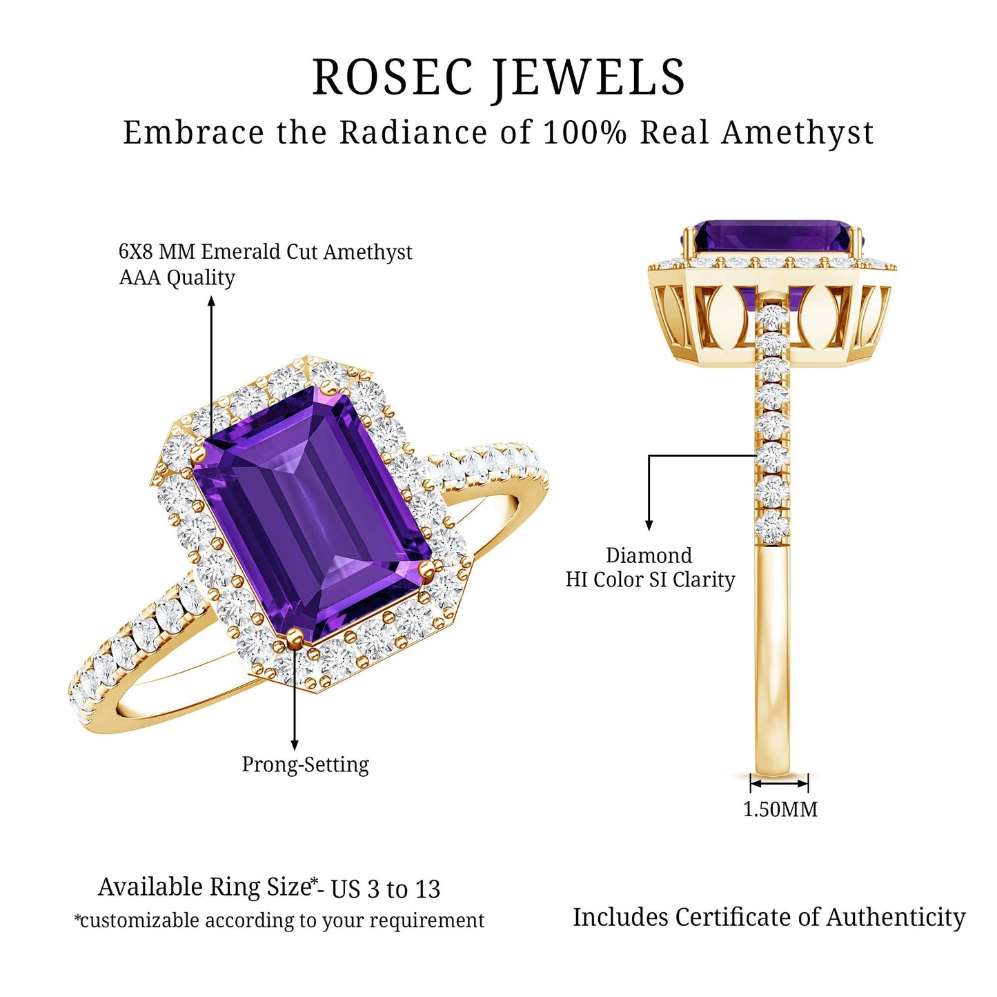1.4 Carat Amethyst Emerald Cut Engagement Ring with Diamond Halo