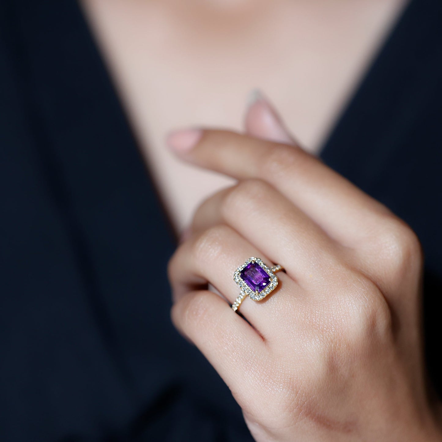 1.4 Carat Amethyst Emerald Cut Engagement Ring with Diamond Halo