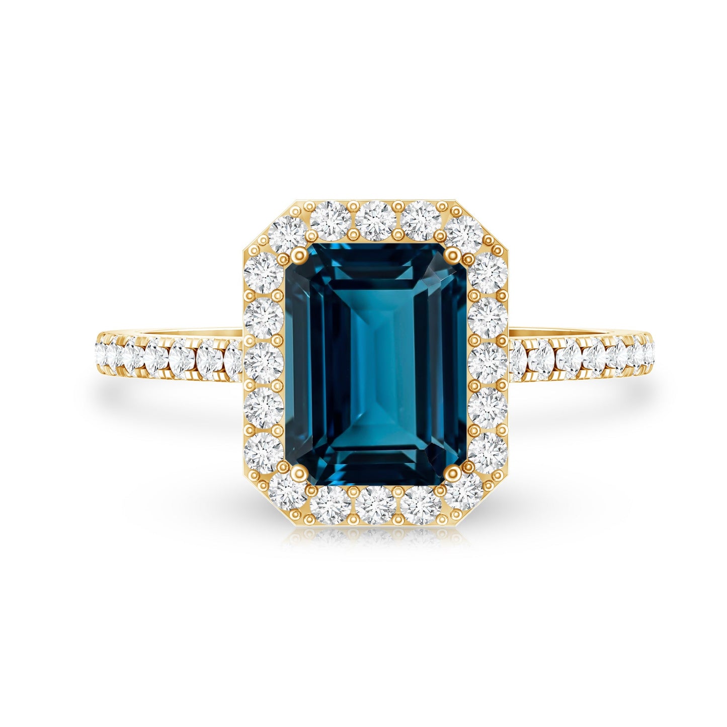 2.2 Carat Emerald Cut London Blue Topaz Engagement Ring with Diamond Halo