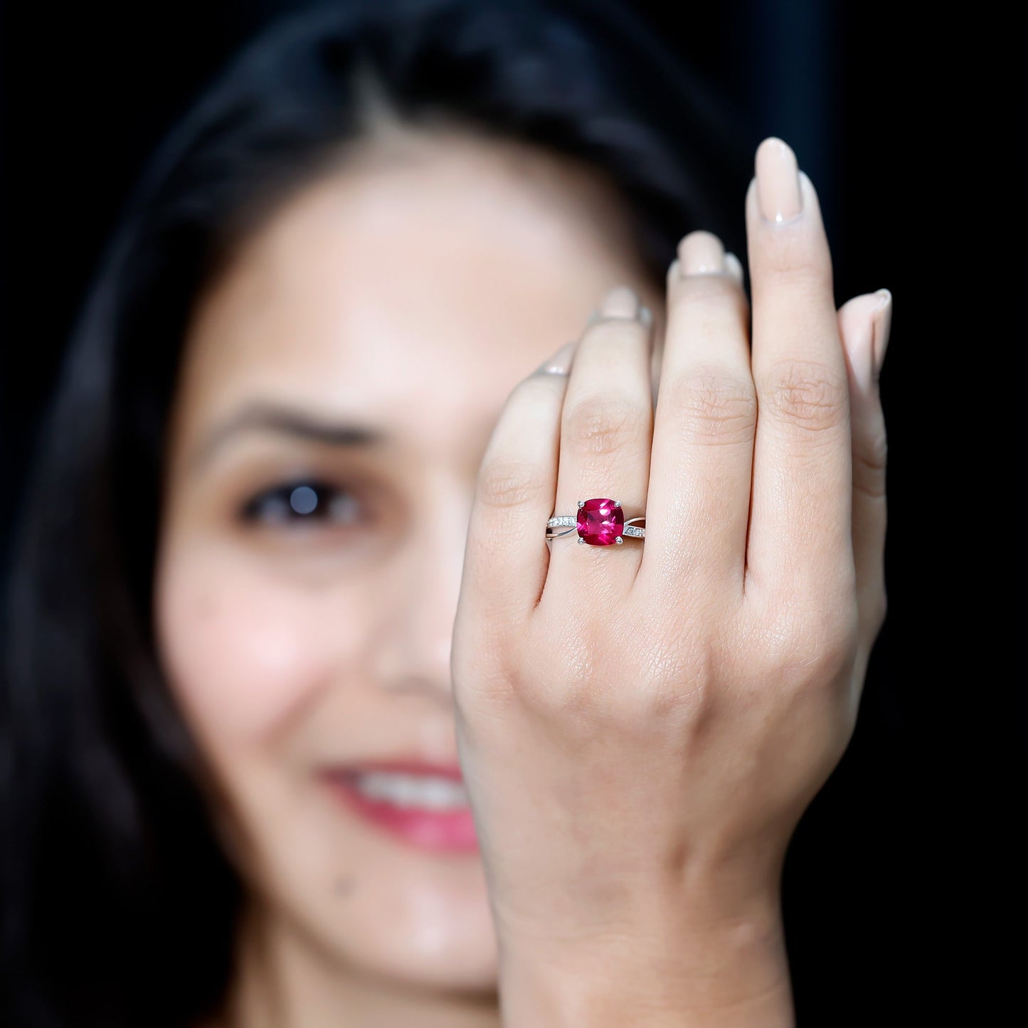 Cushion Cut Solitaire Lab Grown Ruby Infinity Engagement Ring with Diamond