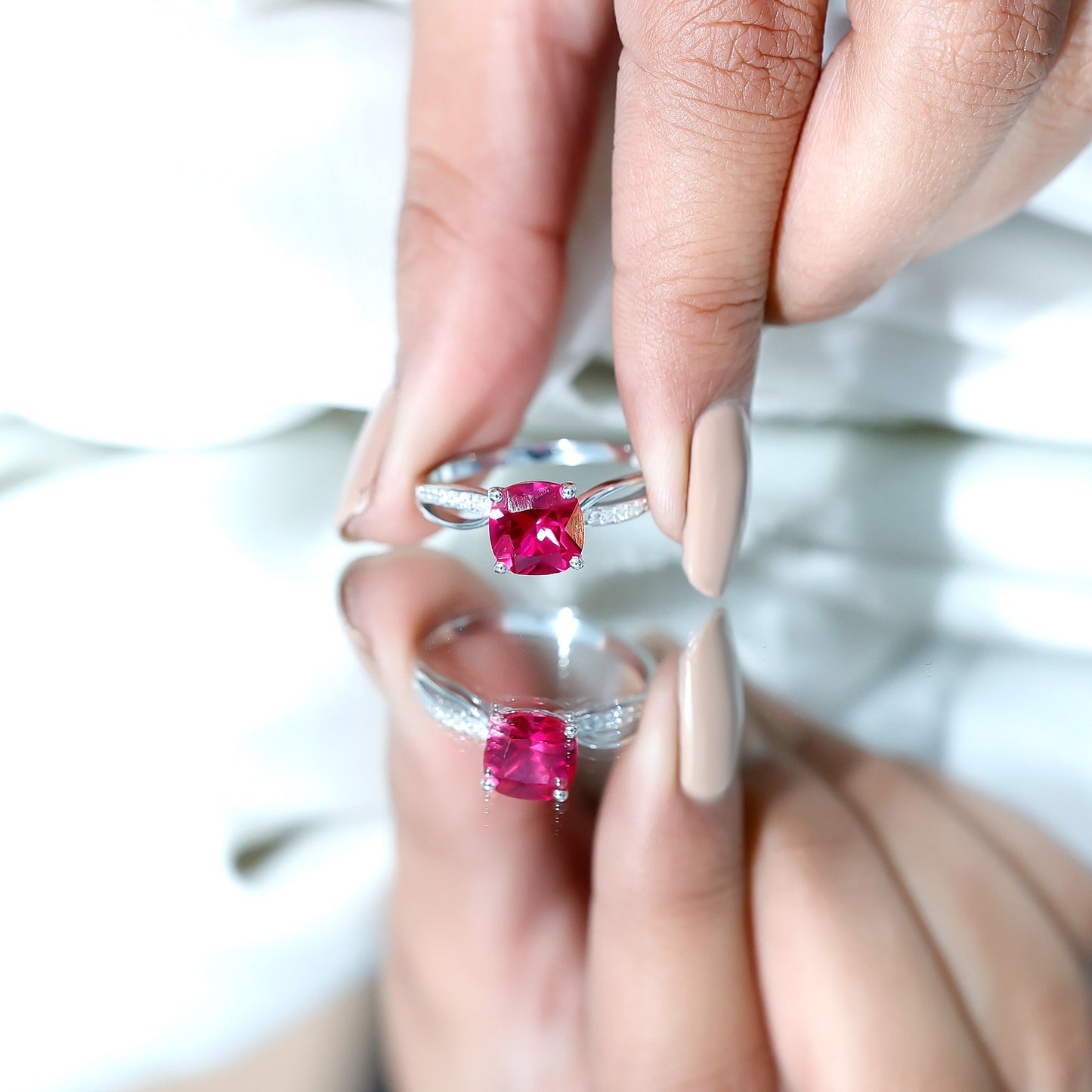 Cushion Cut Solitaire Lab Grown Ruby Infinity Engagement Ring with Diamond