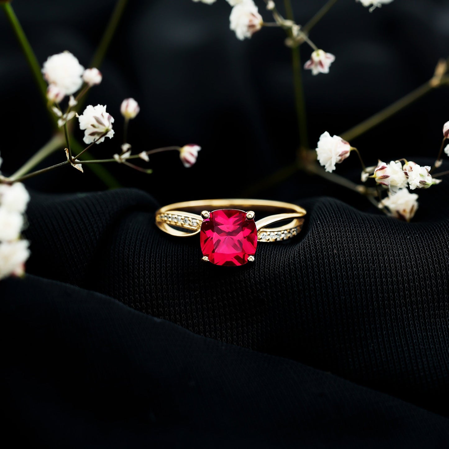 Cushion Cut Solitaire Lab Grown Ruby Infinity Engagement Ring with Diamond