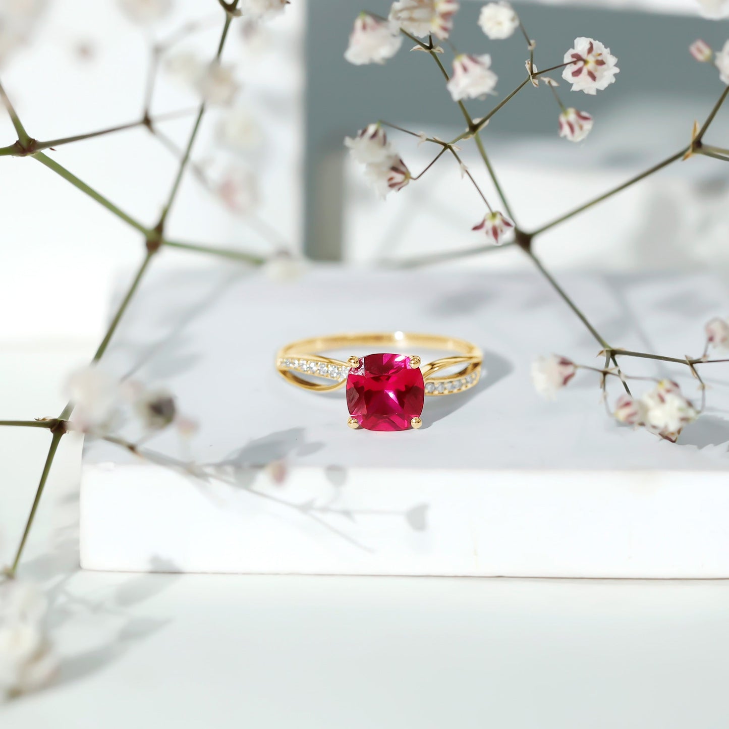 Cushion Cut Solitaire Lab Grown Ruby Infinity Engagement Ring with Diamond