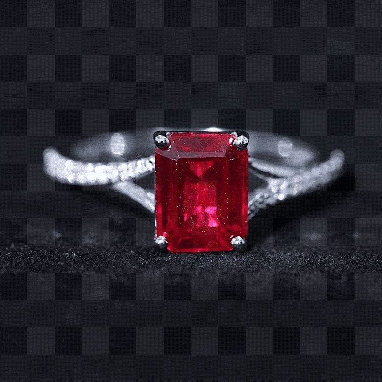 2 Carat Lab Grown Ruby Emerald Cut Engagement Ring with Split Shank