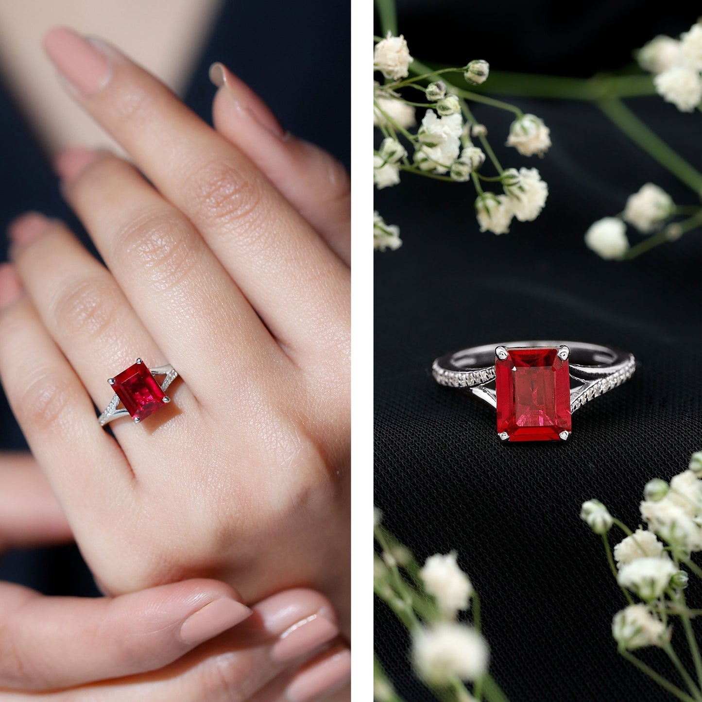 2 Carat Lab Grown Ruby Emerald Cut Engagement Ring with Split Shank