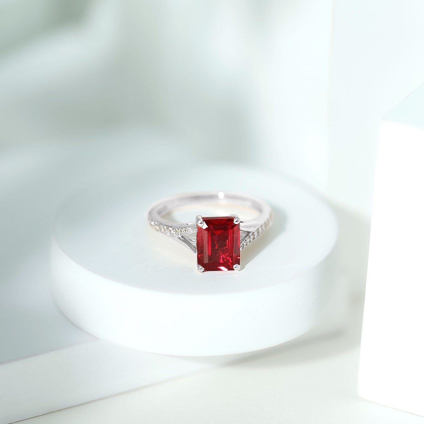 2 Carat Lab Grown Ruby Emerald Cut Engagement Ring with Split Shank