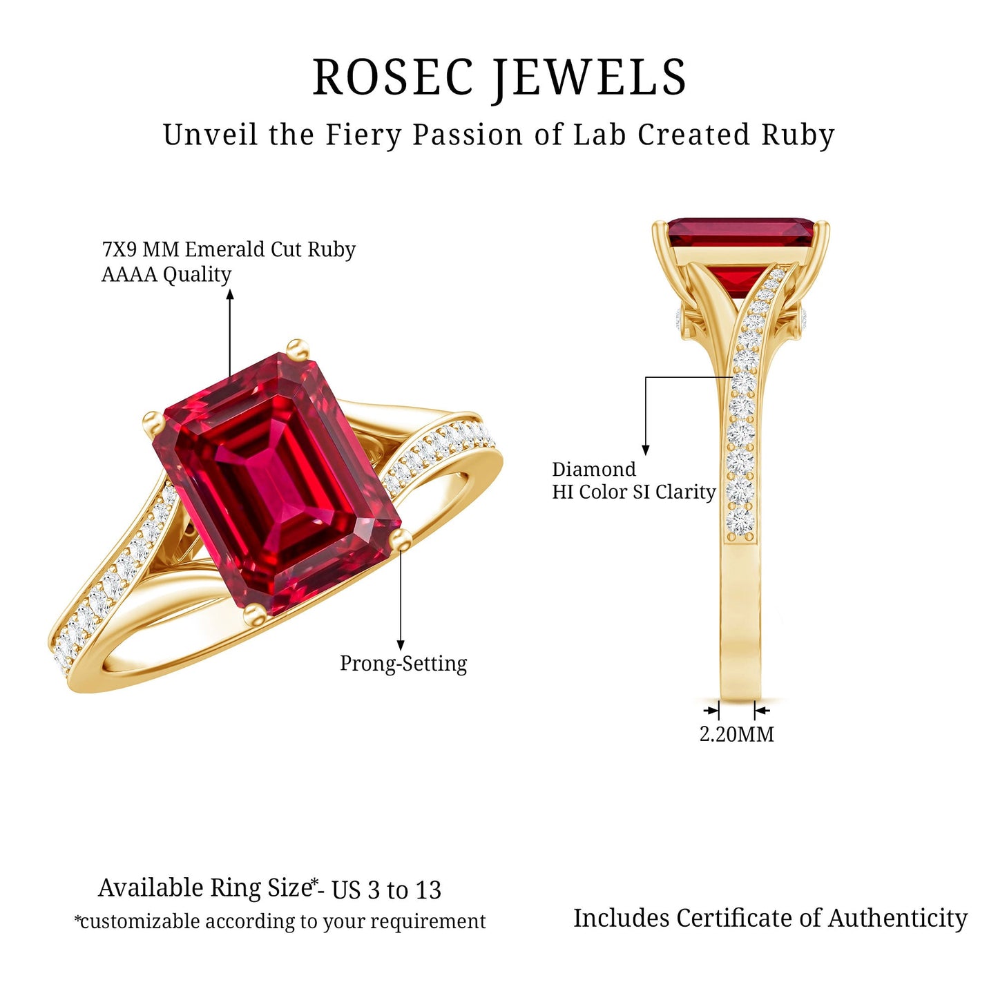 2 Carat Lab Grown Ruby Emerald Cut Engagement Ring with Split Shank