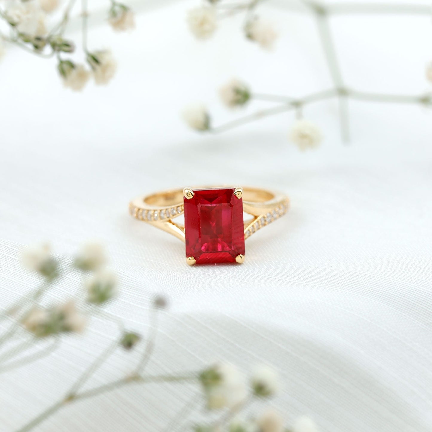 2 Carat Lab Grown Ruby Emerald Cut Engagement Ring with Split Shank