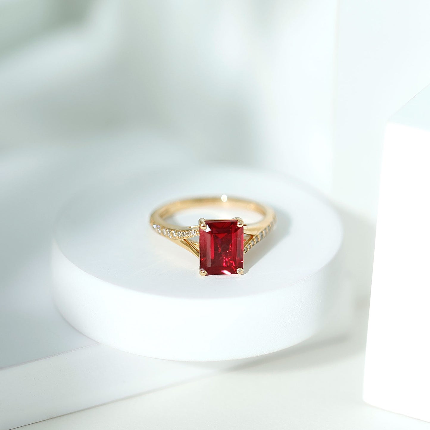 2 Carat Lab Grown Ruby Emerald Cut Engagement Ring with Split Shank
