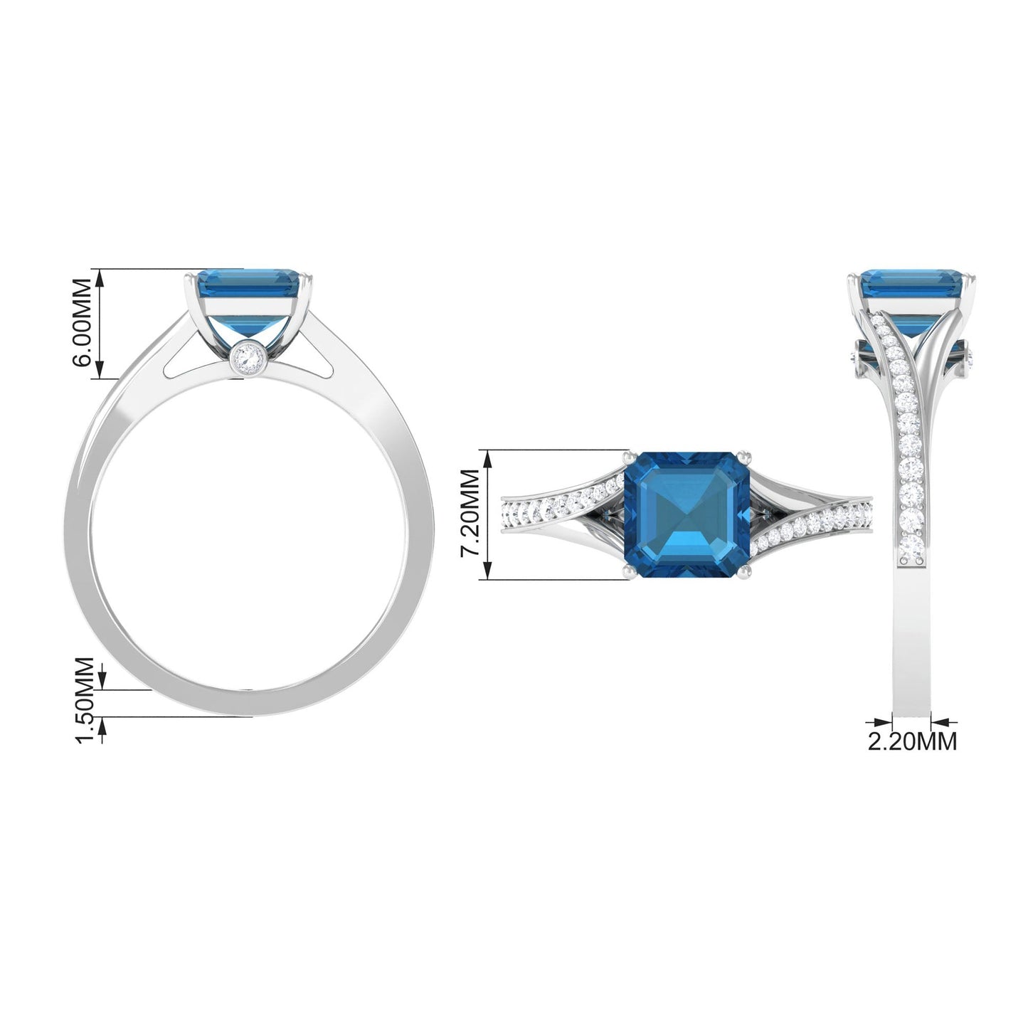 3 Carat Asscher Cut London Blue Topaz Split Shank Engagement Ring with Diamond
