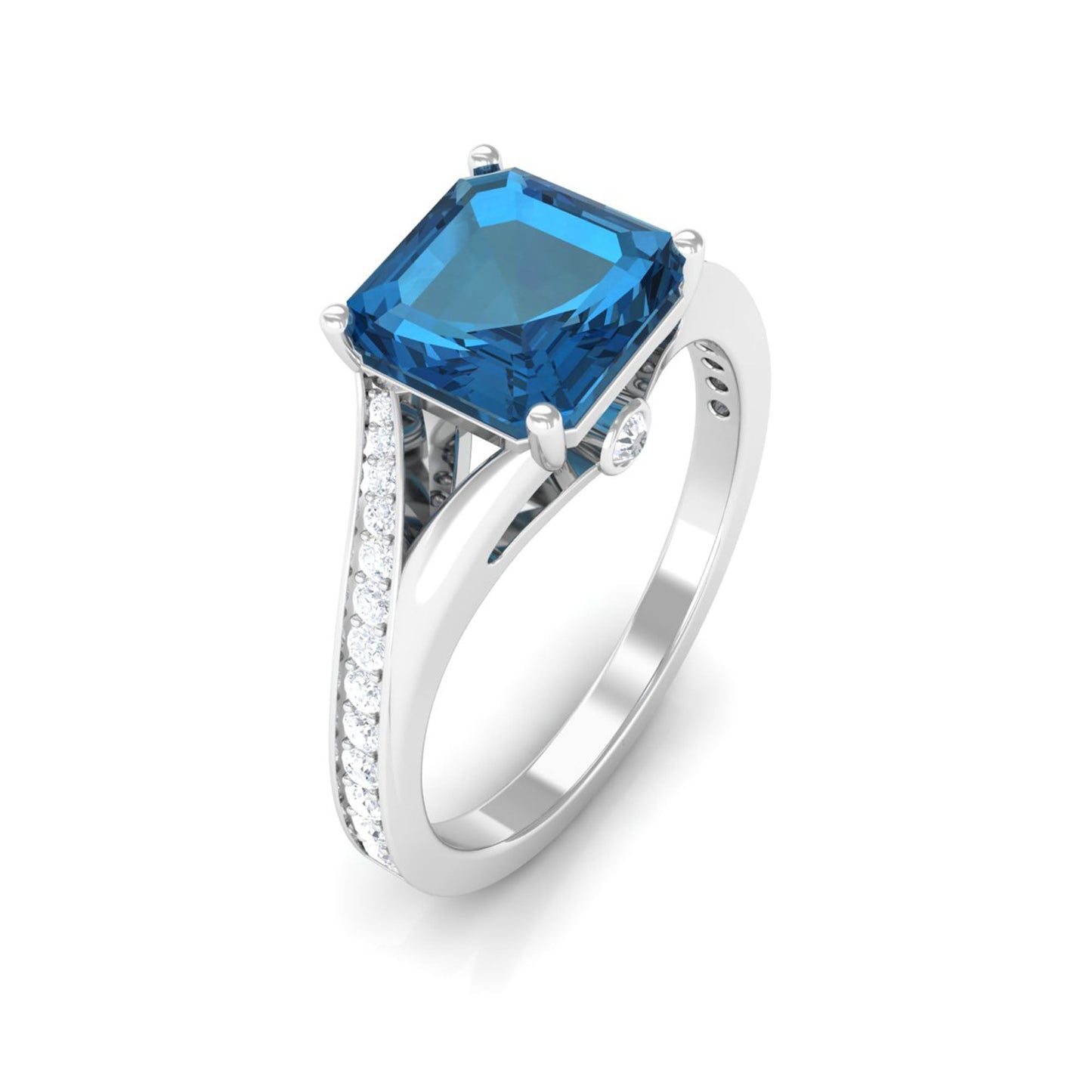 3 Carat Asscher Cut London Blue Topaz Split Shank Engagement Ring with Diamond