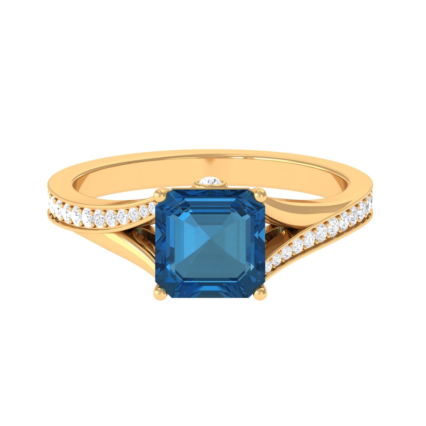 3 Carat Asscher Cut London Blue Topaz Split Shank Engagement Ring with Diamond
